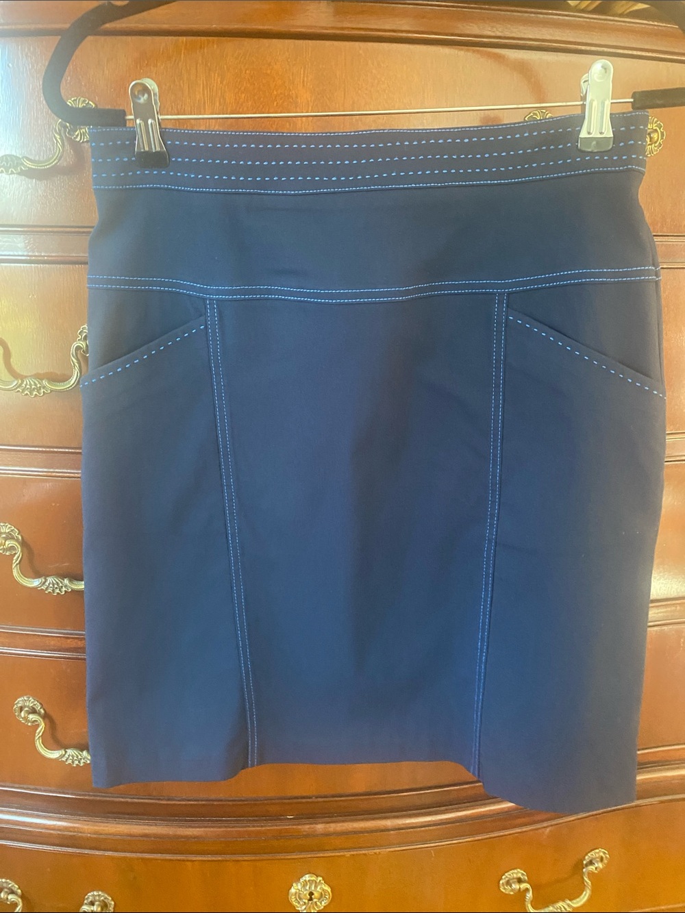 J McLaughlin Classic Navy Pencil Skirt with Contrast Stitching